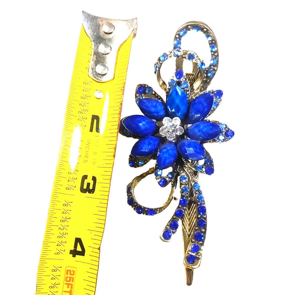 Royal Blue Hair Barrette Clip Floral Blue Rhinestone Gold Tone Elegant... - Picture 7 of 7